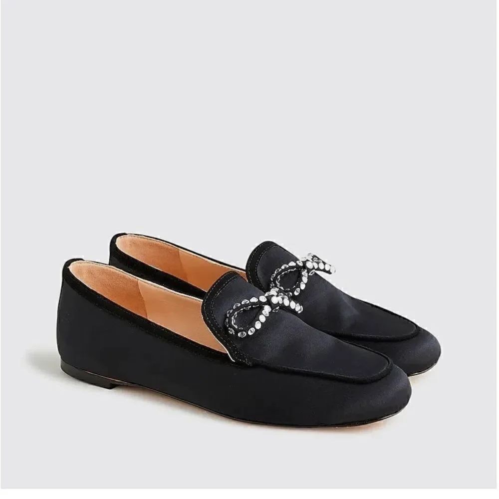 J Crew Marie Crystal Bow Satin Loafers NIB